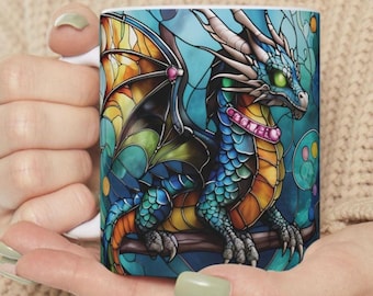 medieval dragon coffee mug, stained glass design, dragon cup