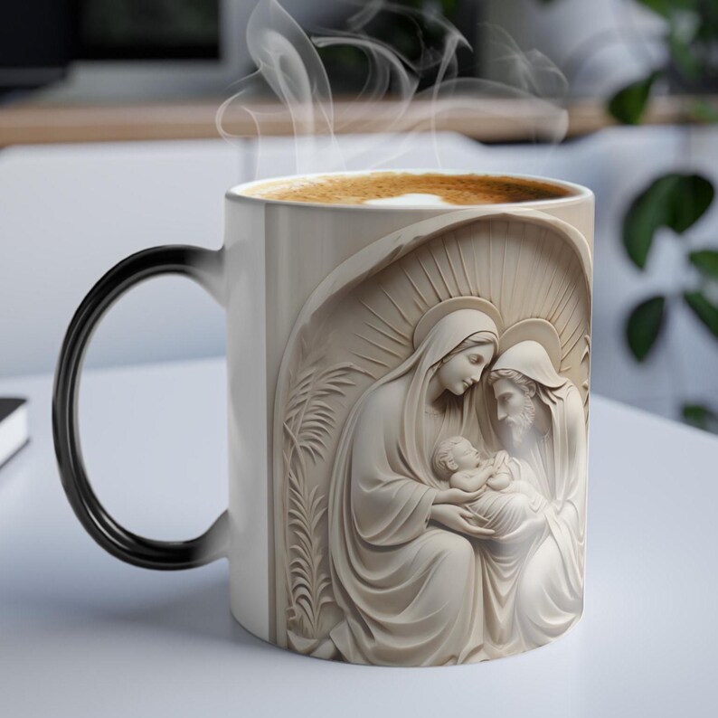 Kubek zmieniający kolor 3D z motywem Narodzenia Pańskiego: Religijny kubek do kawy zdjęcie 3