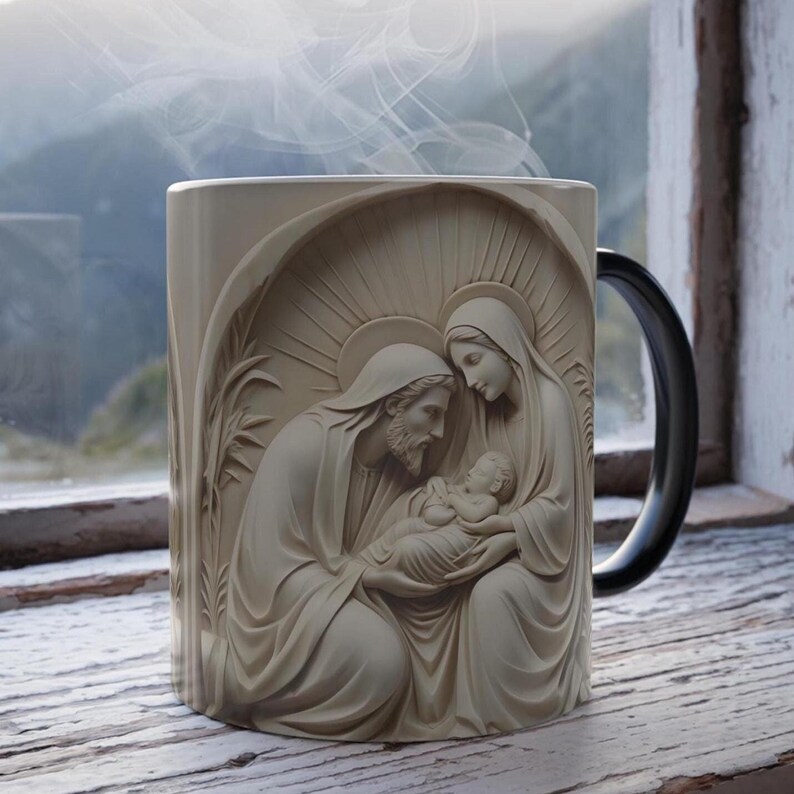 Kubek zmieniający kolor 3D z motywem Narodzenia Pańskiego: Religijny kubek do kawy zdjęcie 1