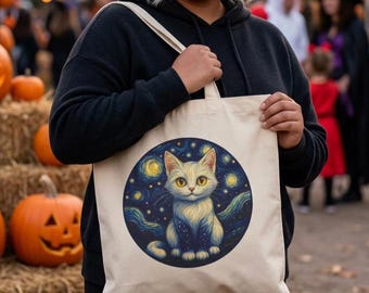 Starry Night Cat Tote Bag | Van Gogh Inspired Artistic Canvas Shopping Bag