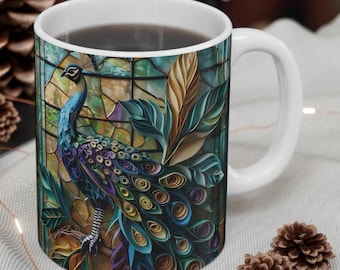 Peacock Coffee Mug: Stained Glass Style, Bird Lover Gift