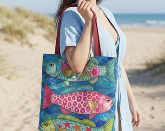 Whimsical Floral Fish Tote Bag | Boho Beach Bag | Artistic All Over Print | Summer Travel Bag | Unique Tote for Fish Lovers