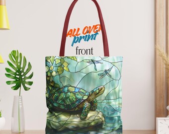 Stained Glass Sea Turtle Tote Bag, Coastal Art, Dragonflies, Reusable Shopping Bag