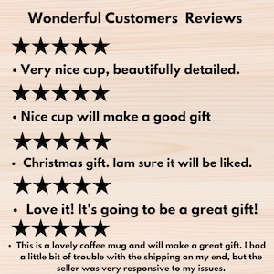 May include: Five-star customer reviews for a coffee mug. The reviews highlight the mug's quality, detail, and suitability as a gift. One review mentions a slight shipping issue but praises the seller's responsiveness.