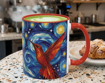 Hummingbird Mug, Stained Glass Effect Coffee Cup, Red Hummingbird Mug, Starry Night Mug, Bird Lover Gift, Nature Ceramic Cup