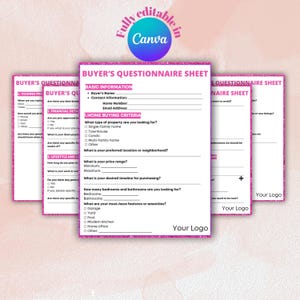 May include: A pink and white questionnaire sheet for home buyers. The sheet includes questions about basic information, home buying criteria, lifestyle and location, and financial details. The sheet also includes a space for the buyer's logo.