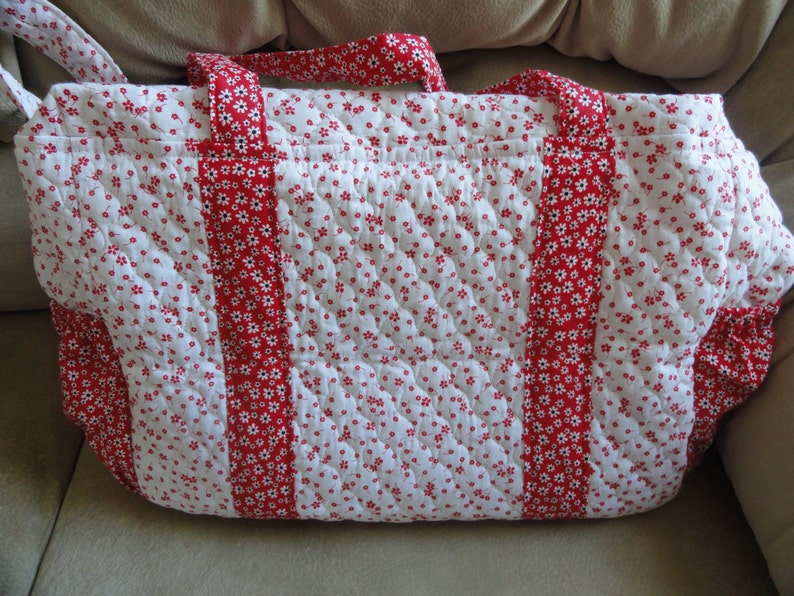 White and Red Quilted Diaper Bag