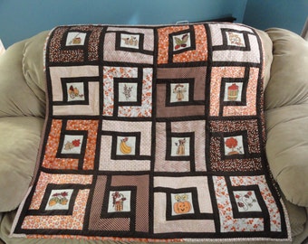 Autumn Quilt with Embroidered Squares (Lap or Couch Size)