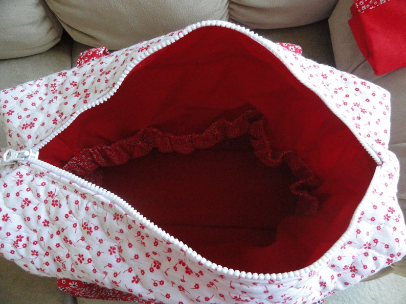 White and Red Quilted Diaper Bag