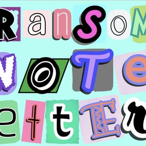 Op de afbeelding: Een digitale illustratie op een lichtblauwe achtergrond met de woorden "Ransom Note Letters" in een collagestijl. Elke letter is uitgesneden en heeft een unieke kleur en lettertype, wat een speels en opvallend ontwerp creëert.