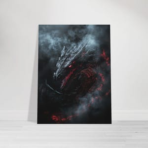 Póster de Dragón Siniestro - Impresión artística en negro y rojo - Decoración de pared de fantasía oscura