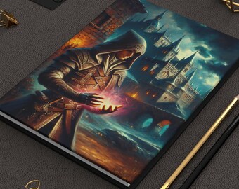 May include: A dark fantasy illustration of a hooded figure holding a glowing orb in front of a large, imposing castle. The scene is set at night, with a dark sky and a sense of mystery.