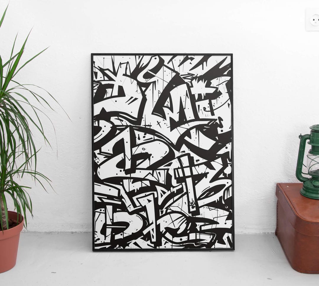 Black and White Graffiti Art Print - Bold Abstract Urban Street Style ...