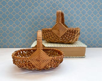 Vintage Pair of Baskets - Matching Small Woven Baskets with Handles - Round and Rectangular