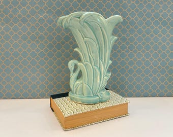 Vintage McCoy Pottery Swan Vase 1940s Mid-Century MCM USA Matte Aqua Blue
