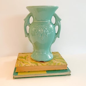 Vintage McCoy Vase Aqua Blue Double Handled Leaf Design 1940s Mid-Century