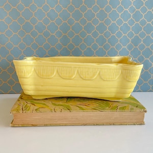 May include: A rectangular, pale yellow ceramic planter with scalloped edges and horizontal lines. The planter sits atop a vintage book with a green and yellow floral design. The background features a light blue wallpaper with a gold quatrefoil pattern.