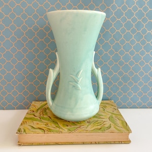 Vintage McCoy Vase Tall Double Handled Blue Green Leaf Pattern 1940s Mid-Century
