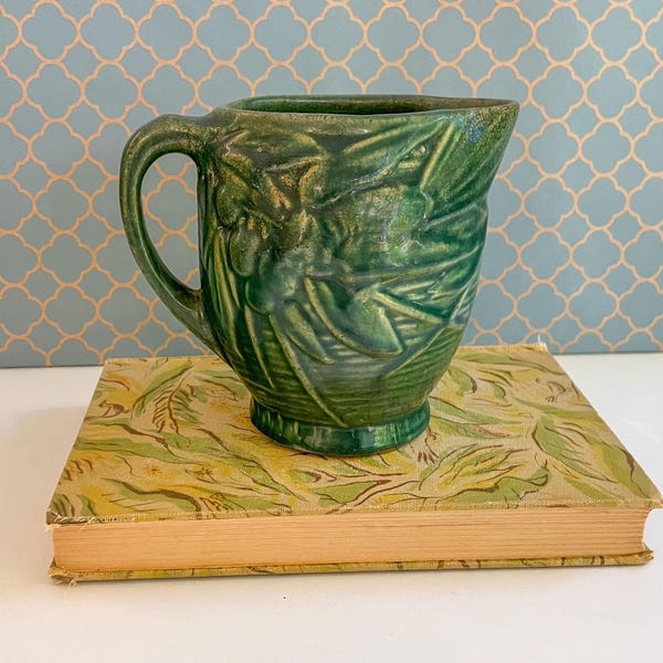 Vintage McCoy Birds and Berries Pitcher Green Art Deco 1930s Mid-Century Art Pottery