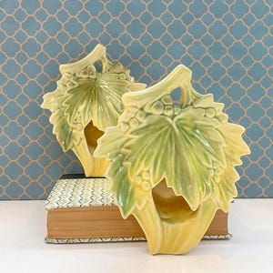 Vintage McCoy Pottery - 2 Ashtray/Wall Pockets Maple Leaf & Berries Yellow and Green 1940s Mid-Century