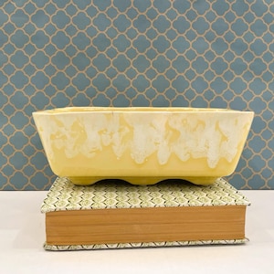 May include: A rectangular ceramic planter with a yellow base and a white drip glaze finish along the top rim. The planter features four small feet at the bottom and is positioned on top of a book with a green and white patterned cover.
