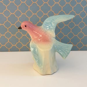 Vintage Bird Figurine Royal Copley Bird In Flight Blue and Pink 1950s Mid-Century