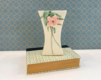 Vintage McCoy Pottery Blossom Time vase, 1947 Mid-Century Ceramic White with Pink Flower