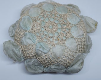 Vintage pincushion - Ecru hand crochet overlay