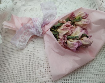 Peony Bouquet - Pink - All wrapped up in pink tissue tied with vintage hand dyed vintage lace