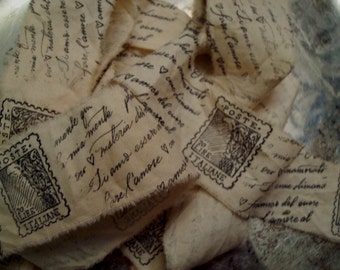 ITALIAN LOVE NOTES  - Tea dyed hand stamped  natural muslin ribbon (0355)