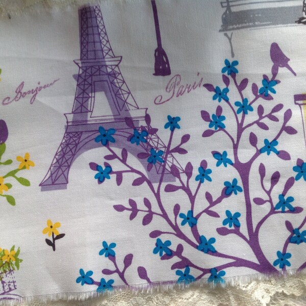 Spring in Paris Extra Wide Hand Stamped Fabric - bonjour - merci - Paris - Whimsical - Bicycle - Park Bench - Birds & Trees - French Market