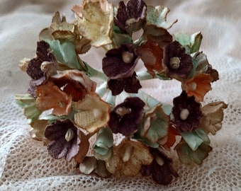 Vintage Antiqued Millinery Forget Me Nots - Yellow - Chocolate Brown -  Tangerine Mix