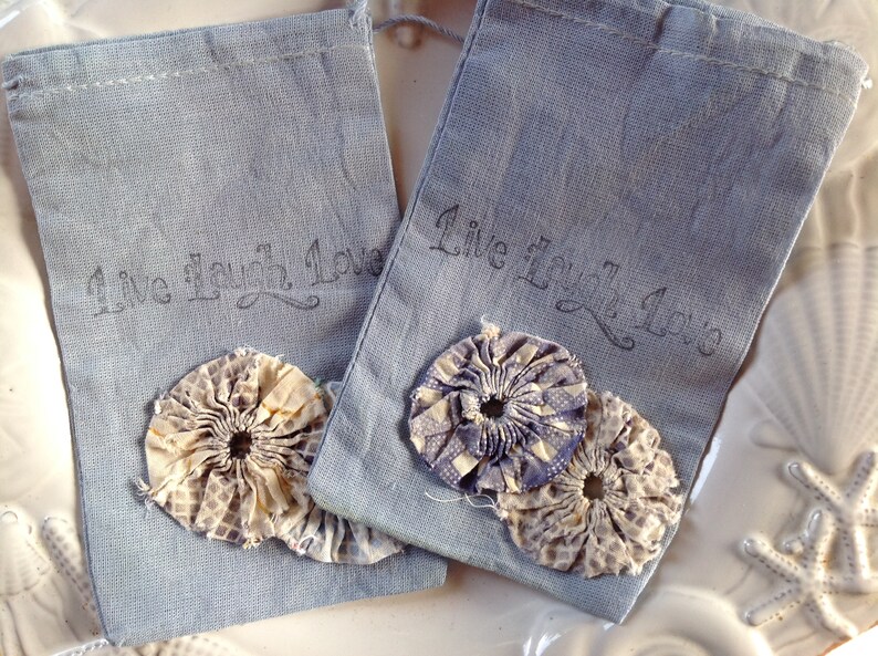 Treasure Trinket Drawstring Bag Live Laugh Love Wedding Something Blue Embellished w 1930/'s Vintage Yoyo/'s -Suffolk Puff Hand Dyed