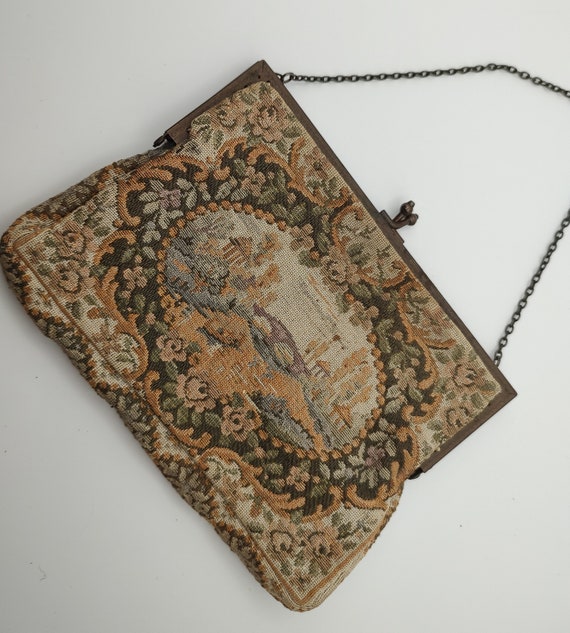 Vintage French Tapestry Clutch with chain handle -