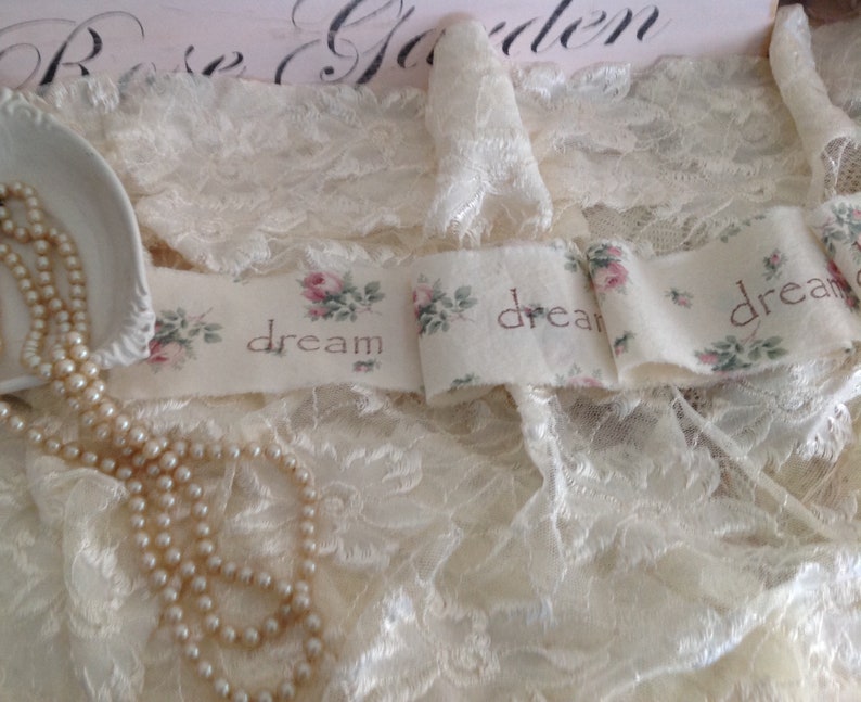 dream Romantic French Country Roses Vintage Fabric Hand stamped Ribbon Trim Homestead Treasures image 4