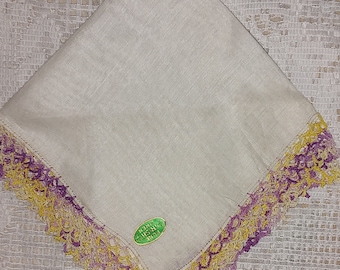Vintage Handkerchief - pure Irish linen yellow variegated purple lavender variegated tatting edges (544)