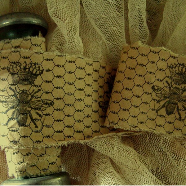 French Inspired - Queen Bee - Hand stamped ribbon trim