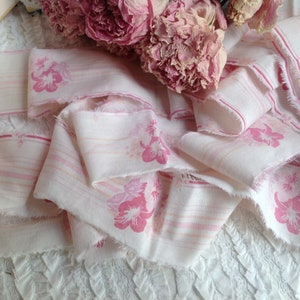Vintage Inspired Romantic Country Pink Flowers  & Stripes 2.75" x 2 Yards  Hand Frayed Fabric