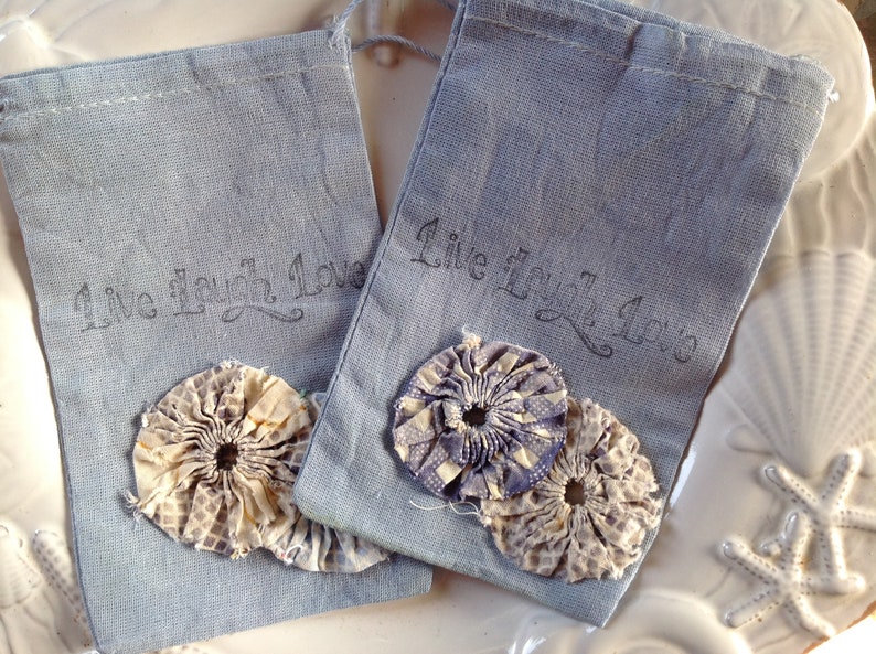Treasure Trinket Drawstring Bag Live Laugh Love Wedding Something Blue Embellished w 1930/'s Vintage Yoyo/'s -Suffolk Puff Hand Dyed