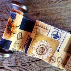 Sunflowers & French  Postage - French Inspired Trim - Fleur de Lis - Lyon France - Paris - Extra Wide Distressed Ribbon Trim 42" x 3"