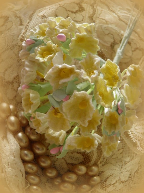 1 Bouquet Vintage  Flocked Millinery Flowers Forget Me Nots -  Antique Yellow