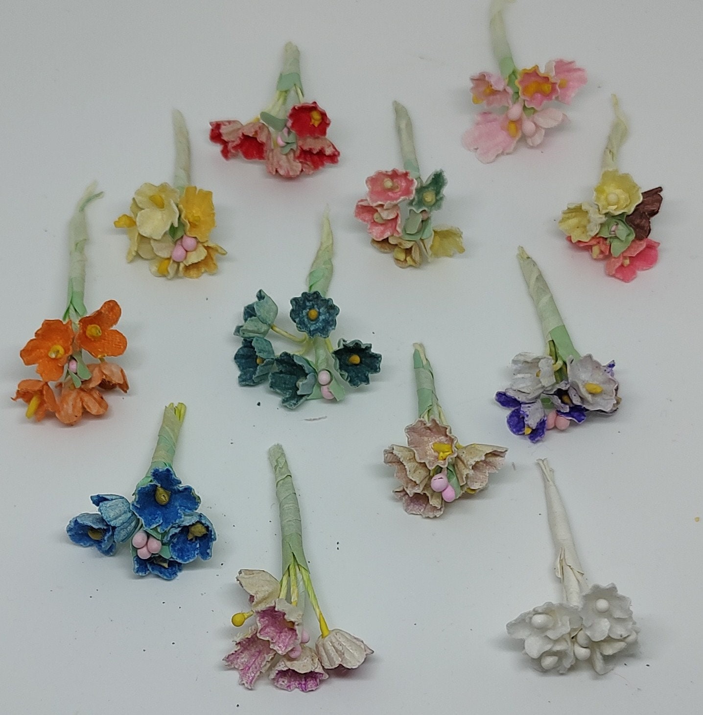 12 Vintage Sample - Millinery Flowers Bouquets - Miniature Forget Me Nots - Doll house Flowers - Doll Flowers - Teddy Bear Flowers (0400)