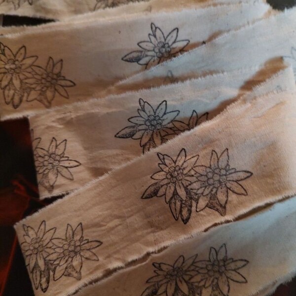 Edelweiss Flowers - Bavarian Flowers - Alpine Flowers - Alps Flower - Austrian Flowers - Hand Stamped Muslin - Distressed & Hand Frayed