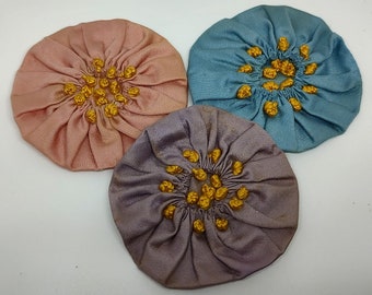 3 Vintage Satin Flowers with French knots (590)