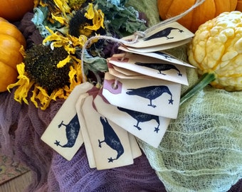 12 Primitive Crow - Small Manila Hang Tags - Hand Stamped Black  Crow