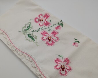 White Pillow casewith crossstitch roses standard size