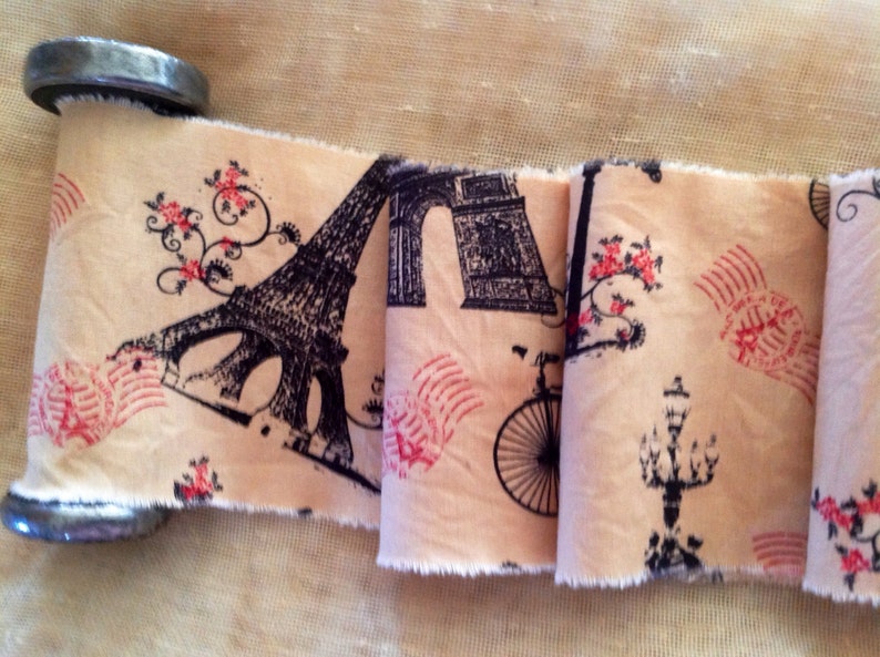 French Vintage Style Tea Dyed Hand Frayed Ribbon Trim Eiffel Tower Arc de Triomphe French Street Lamp image 1