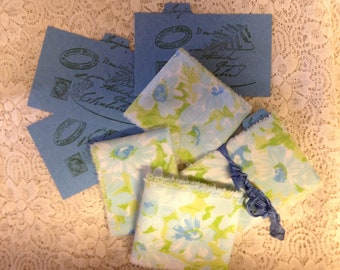 Vintage Floral Fabric 1 Yard Long X 3 Inches Wide - Wrapped around a blue vintage recipe file card hand  stamped