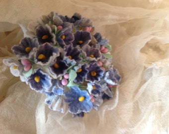 1 BOUQUET   VINTAGE Millinery Flowers Forget Me Nots Robbins Egg Blue  with Pink Composition Buds  for Weddings - Mothers Day & Easter