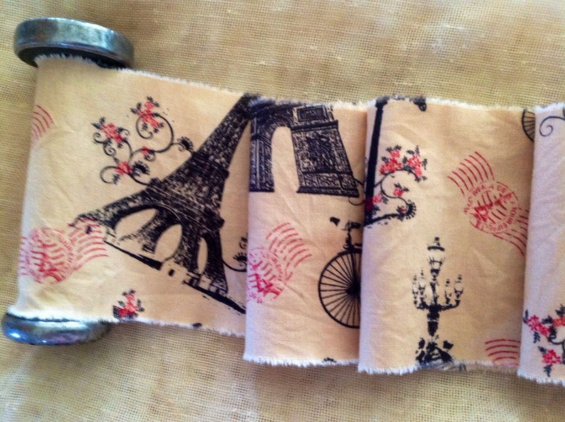 French Vintage Style Tea Dyed Hand Frayed Ribbon Trim Eiffel Tower Arc de Triomphe French Street Lamp image 2